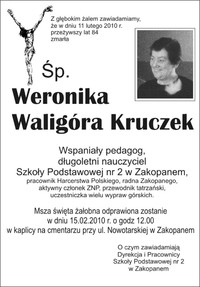 Zmarła Weronika Waligóra Kruczek